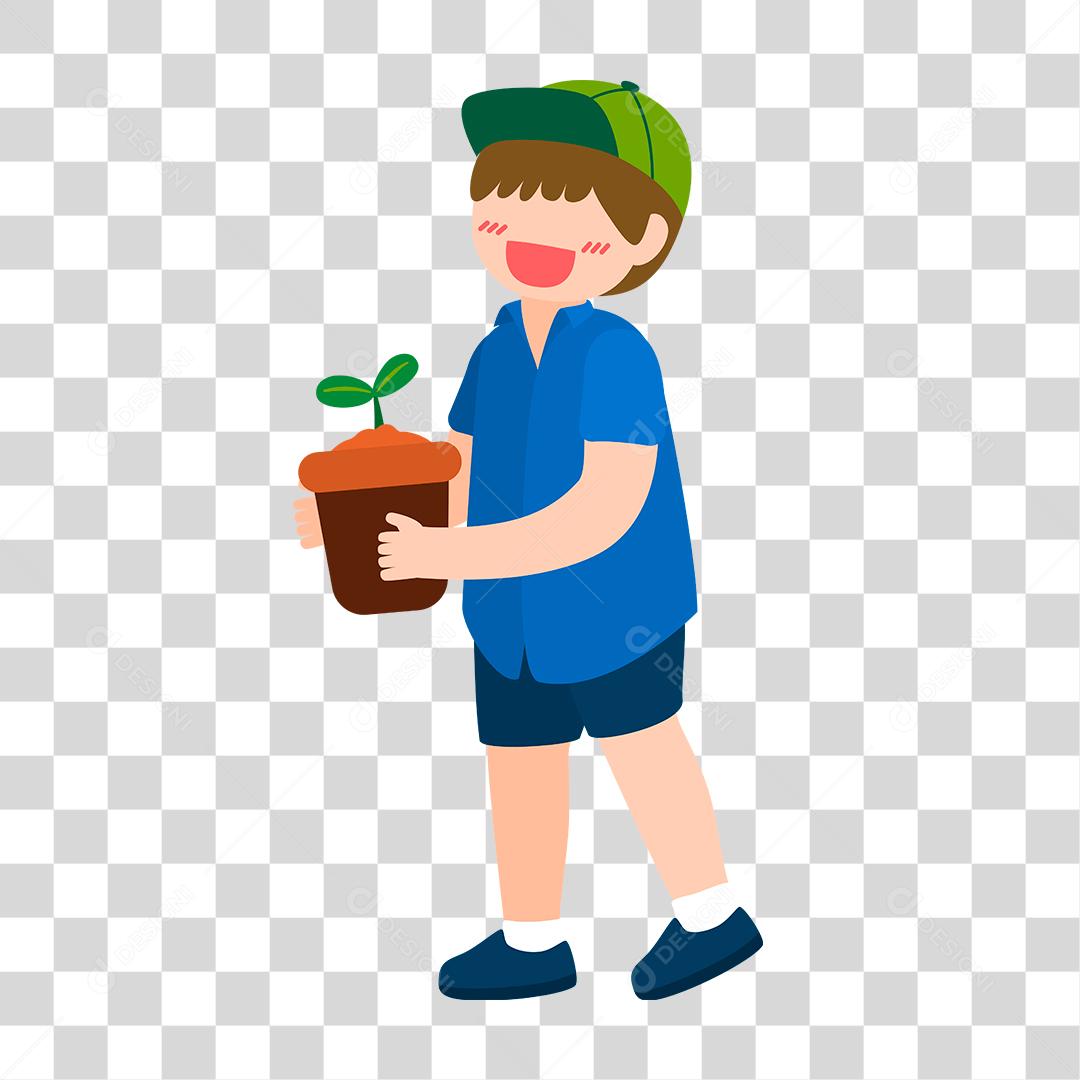 Desenho de menino segurando planta sobre vazo