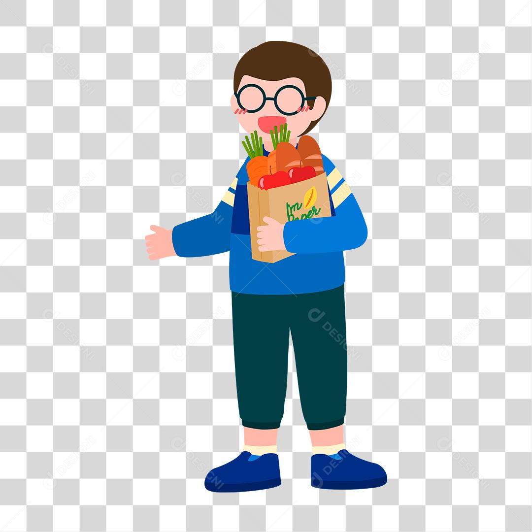 Desenho de menino segurando sacolas de compras mercado