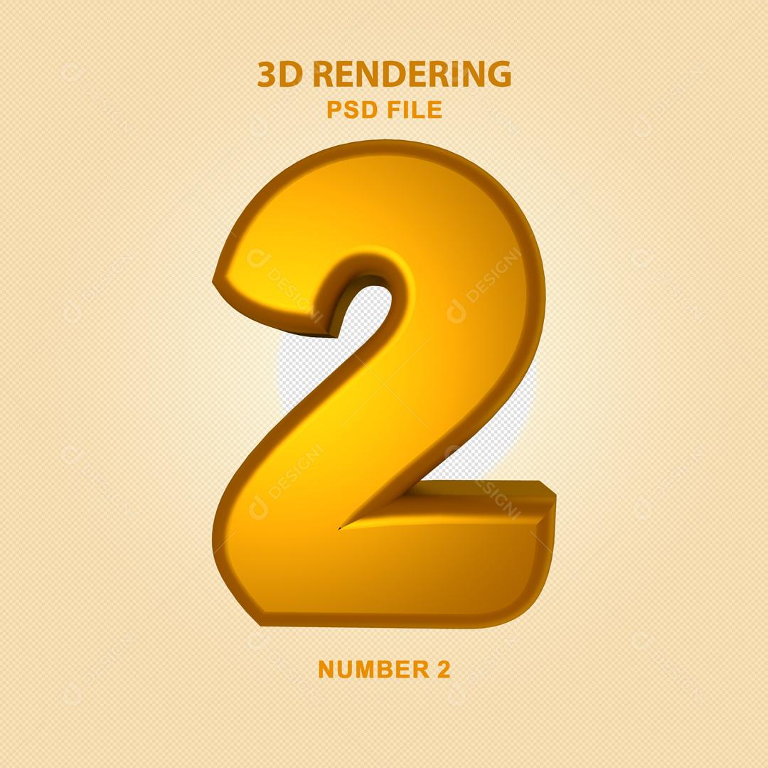 Número 3D 2 Dourado Para composição PSD