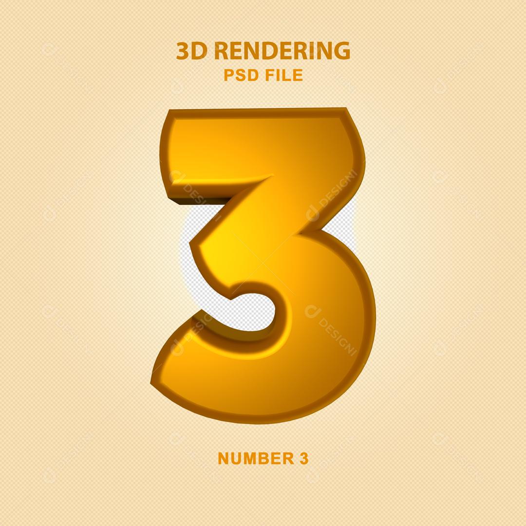 Número 3D 3 Dourado Para composição PSD