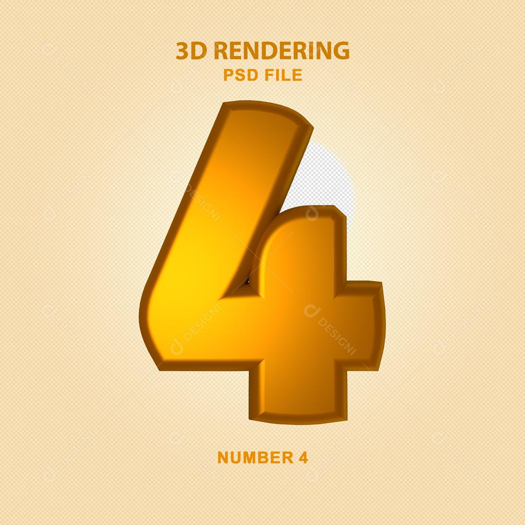 Número 3D 4 Dourado Para composição PSD