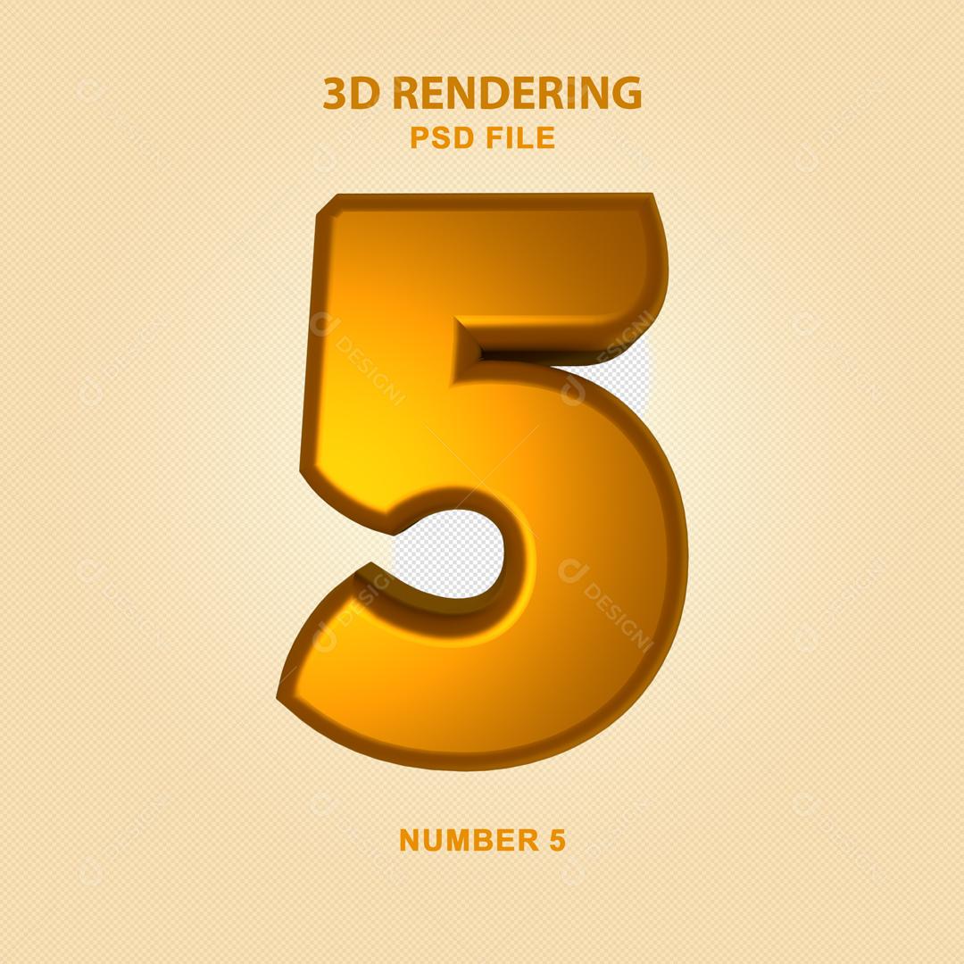Número 3D 5 Dourado Para composição PSD