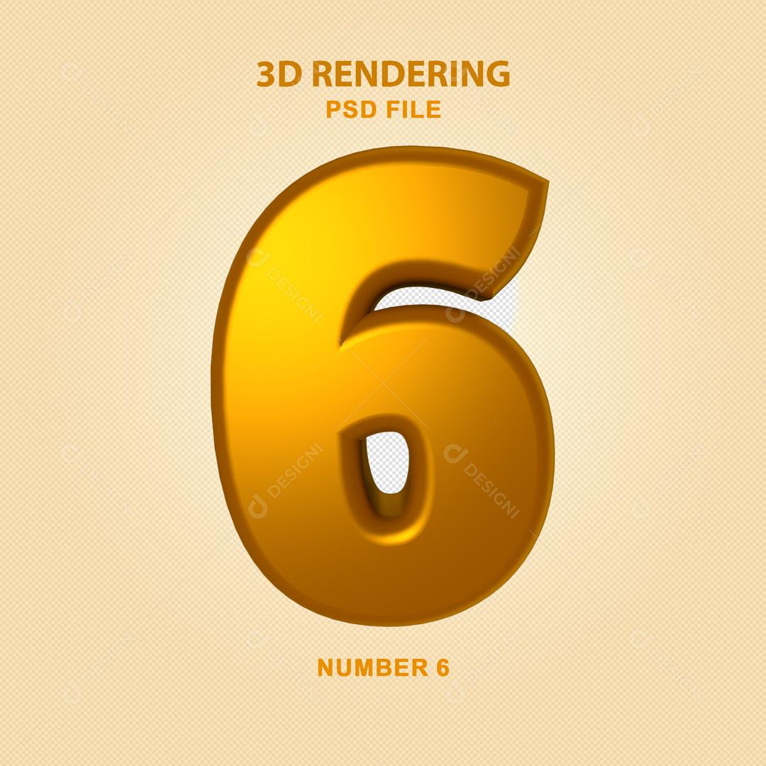 Número 3D 6 Dourado Para composição PSD