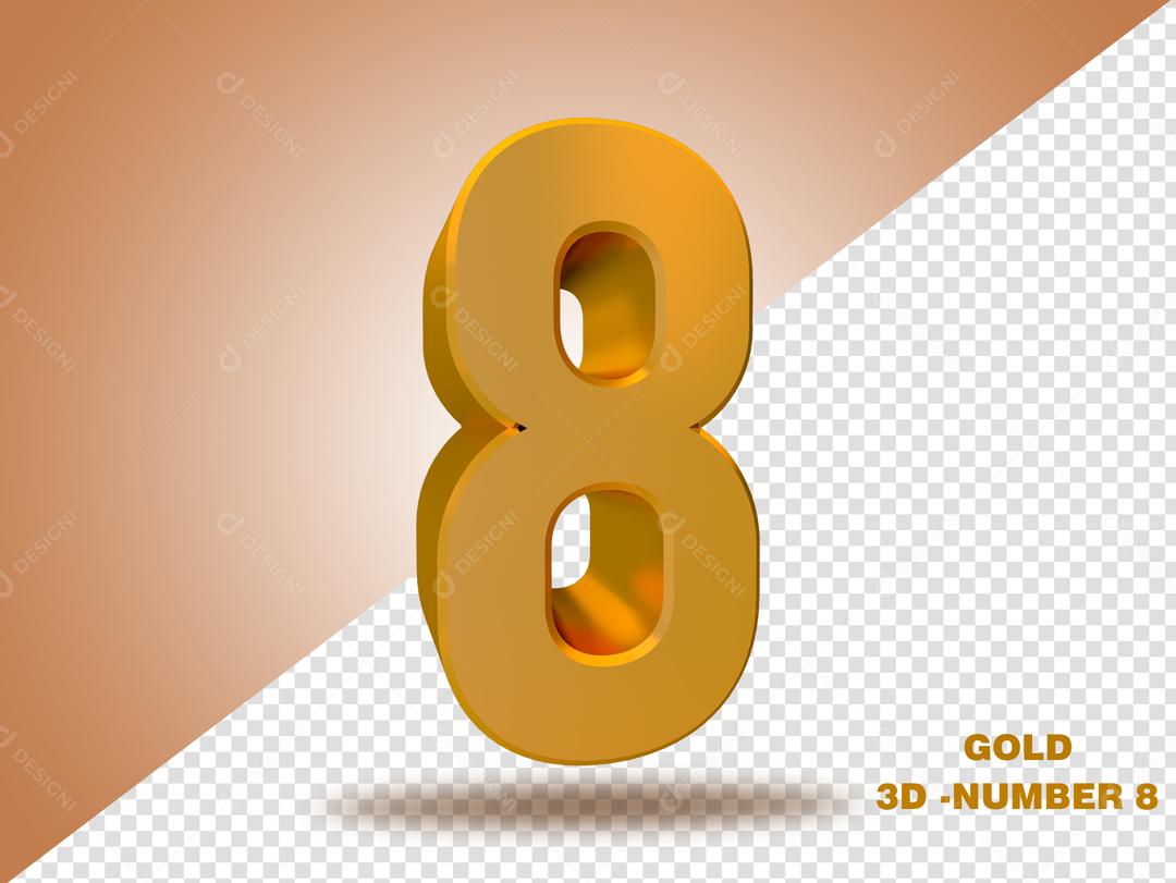 Número 8 Dourado 3D Para composição PSD