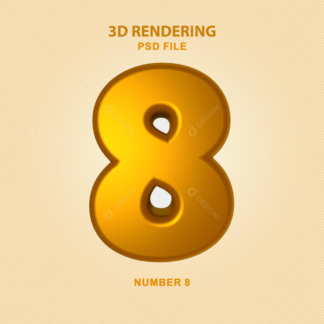 Número 3D 8 Dourado Para composição PSD