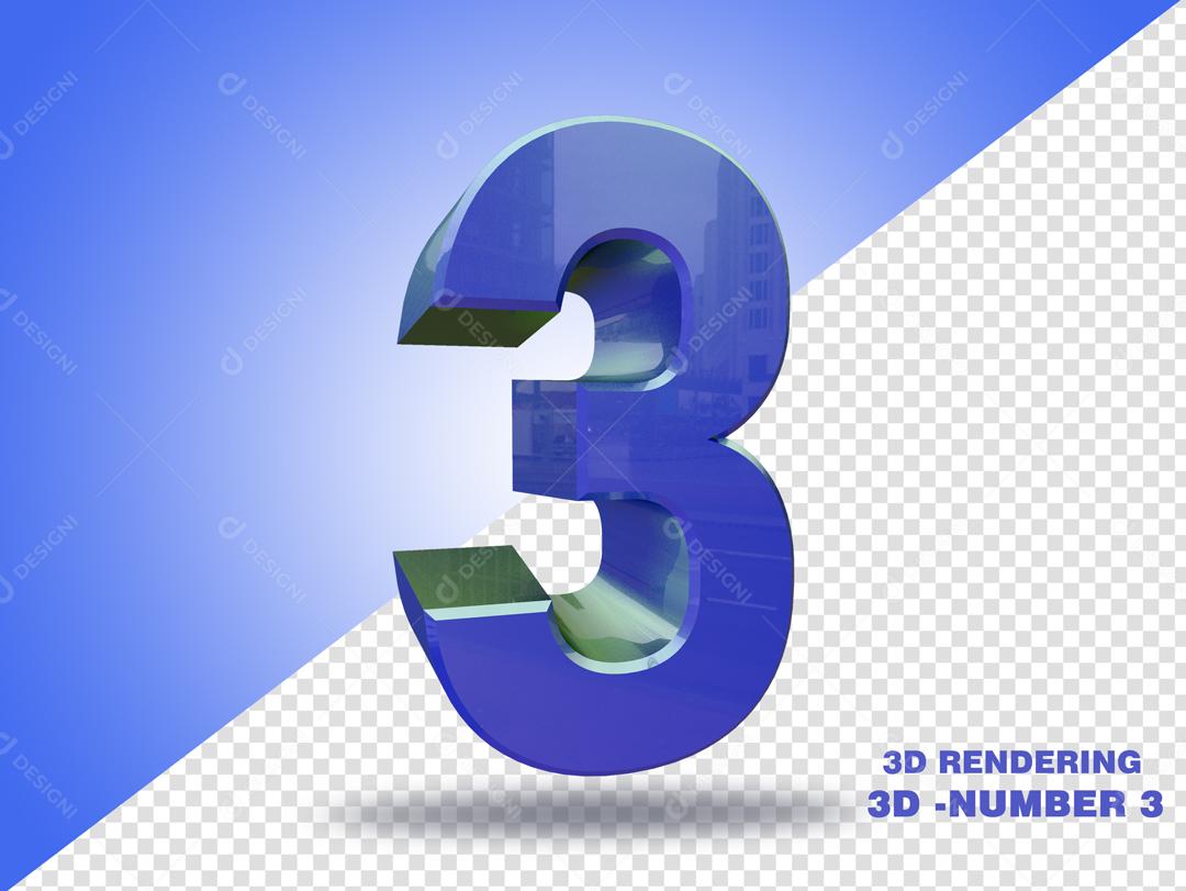 Número 3D 3 Azul Para composição PSD