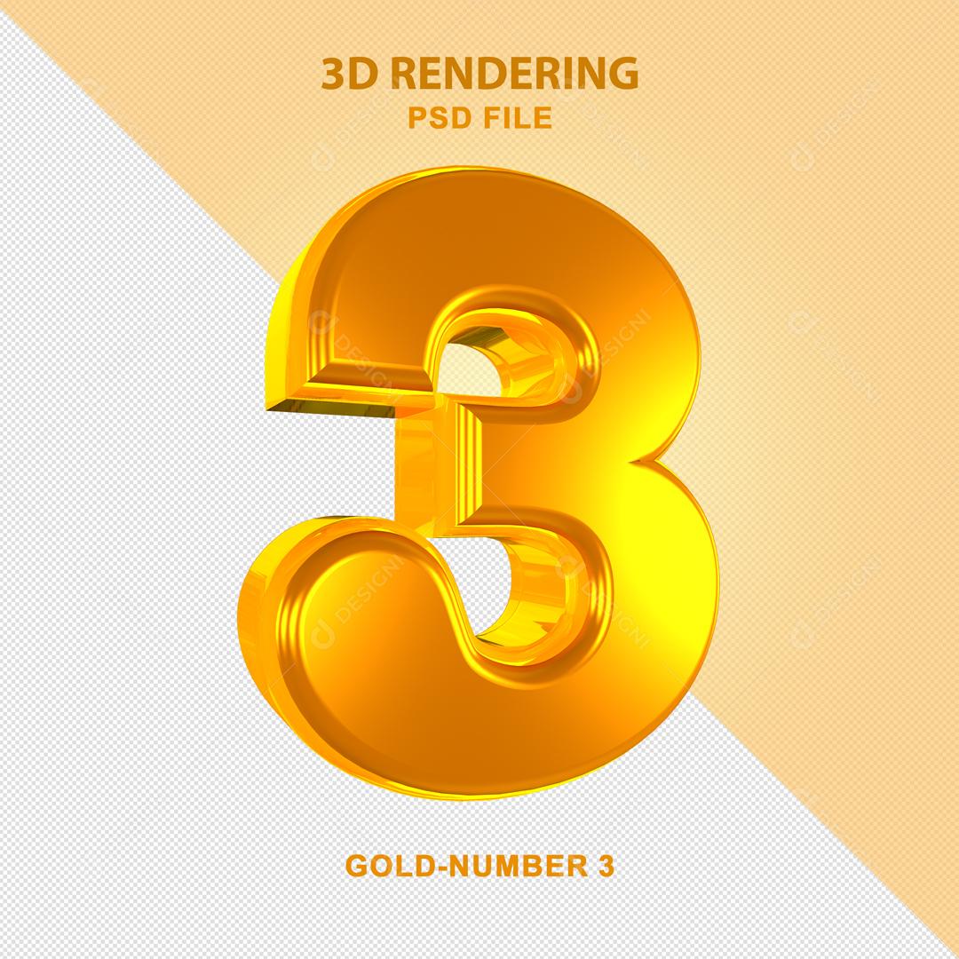 Número 3D 3 Dourado Para composição PSD