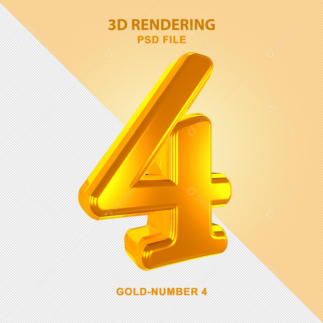 Número 4 Dourado 3D Para composição PSD