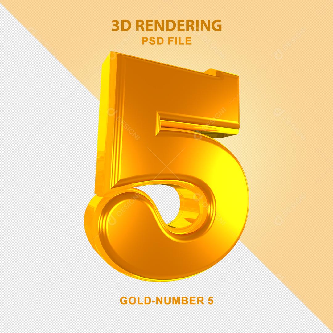 Número 5 Dourado 3D Para composição PSD