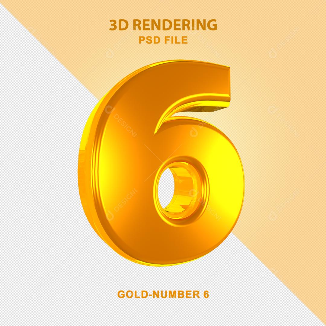 Número 6 Dourado 3D Para composição PSD