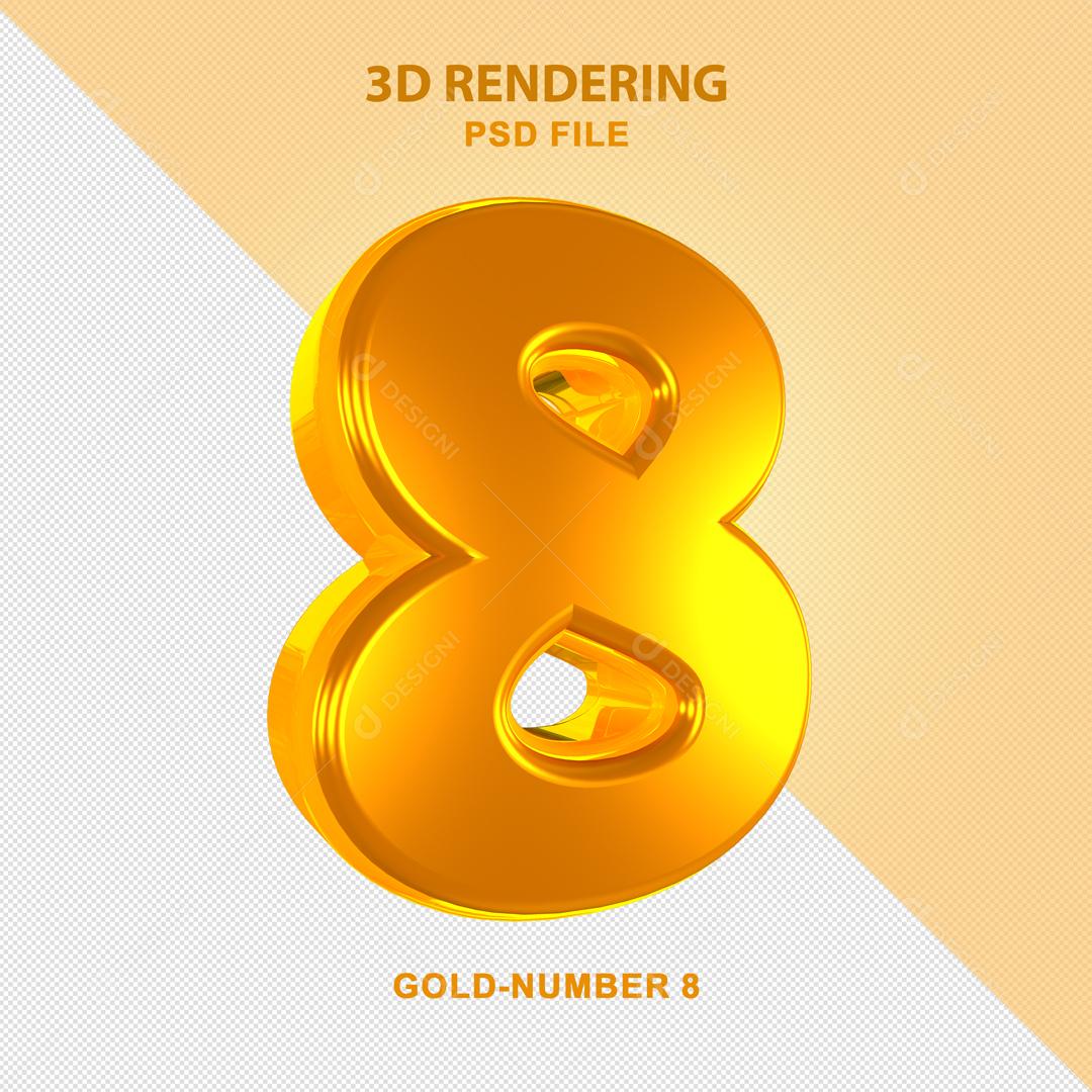 Número 8 Dourado 3D Para composição PSD