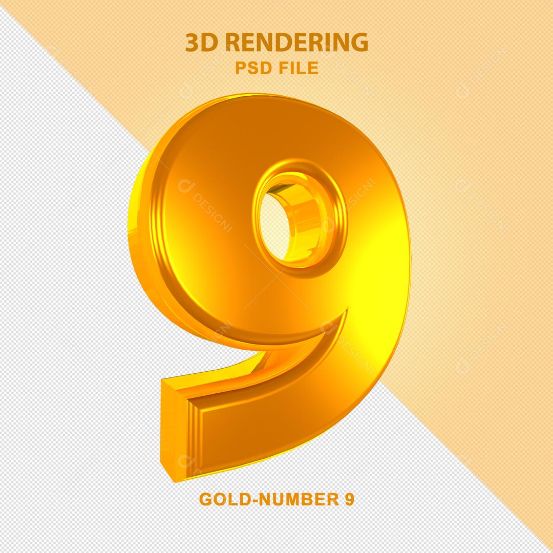 Número 9 Dourado 3D Para composição PSD