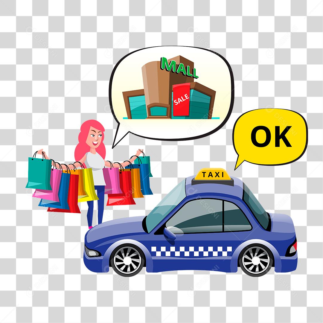 Desenho de mulher segurando sacolas compras taxi