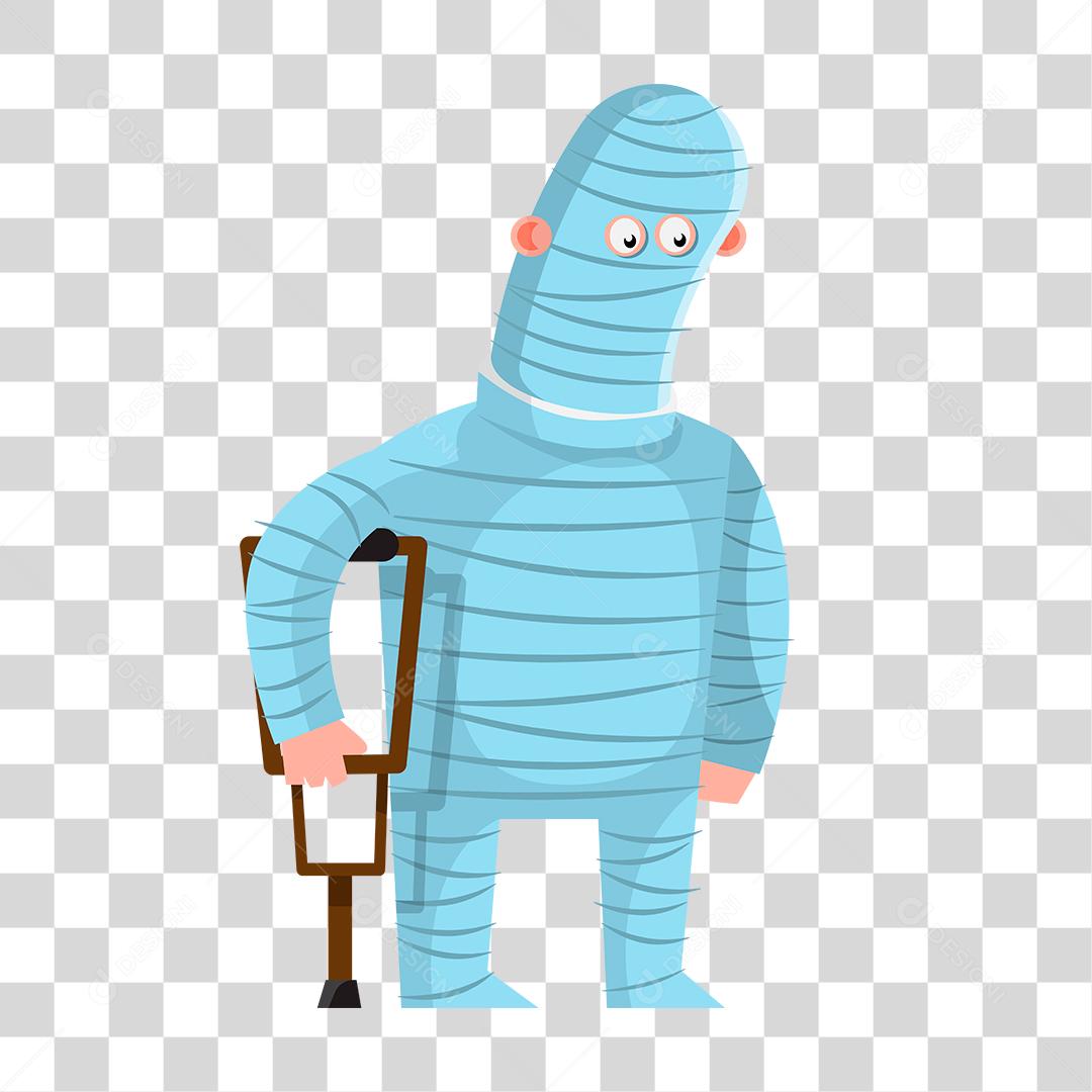 Desenho de homem enfaixado segurando muletas