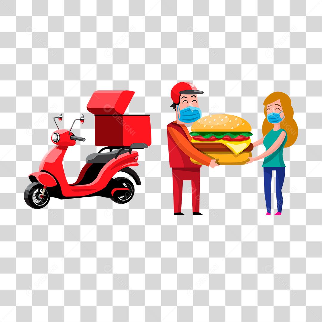 Desenho de entregador entregando comida para cliente delivery