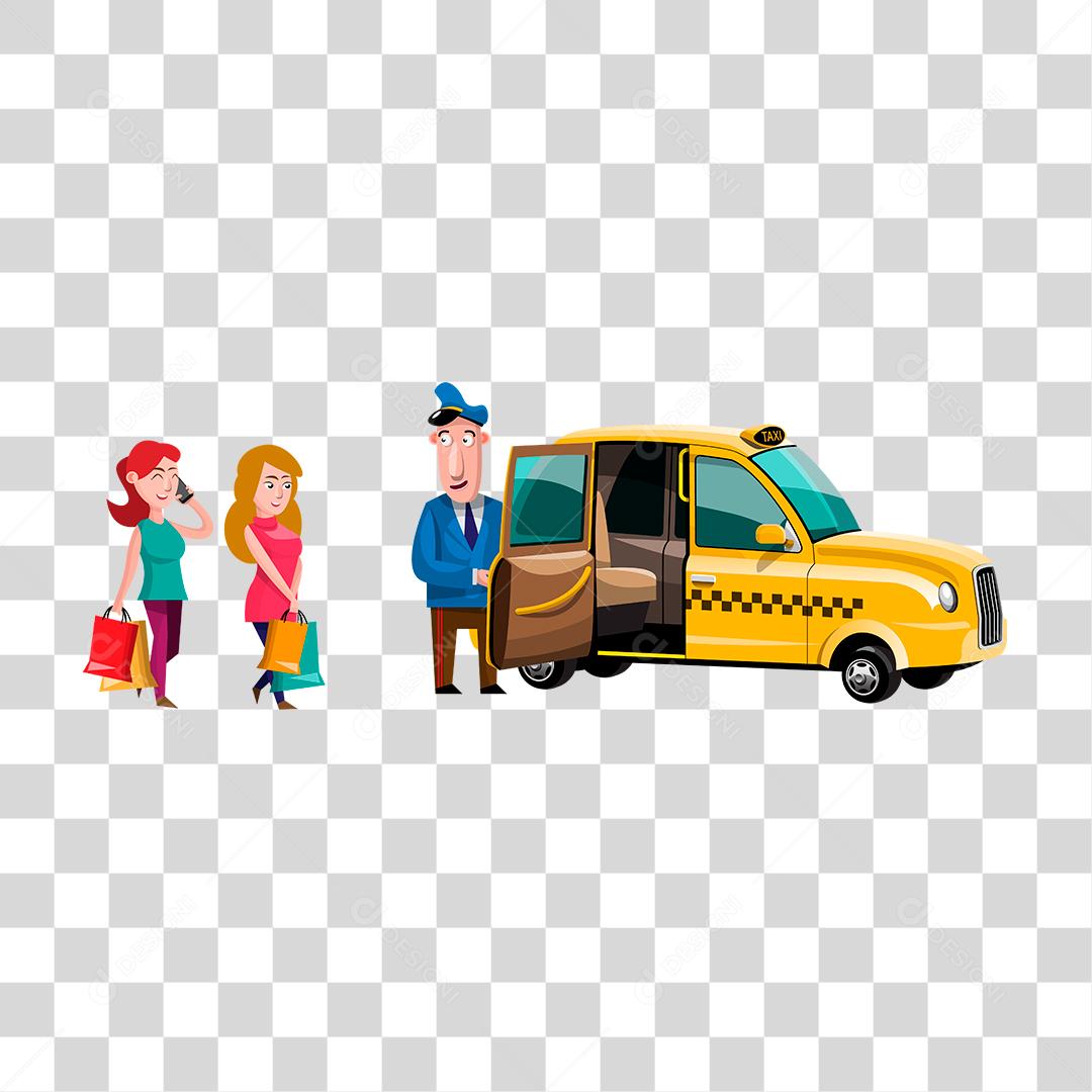 Desenho de taxista abrindo a porta para mulheres entrar