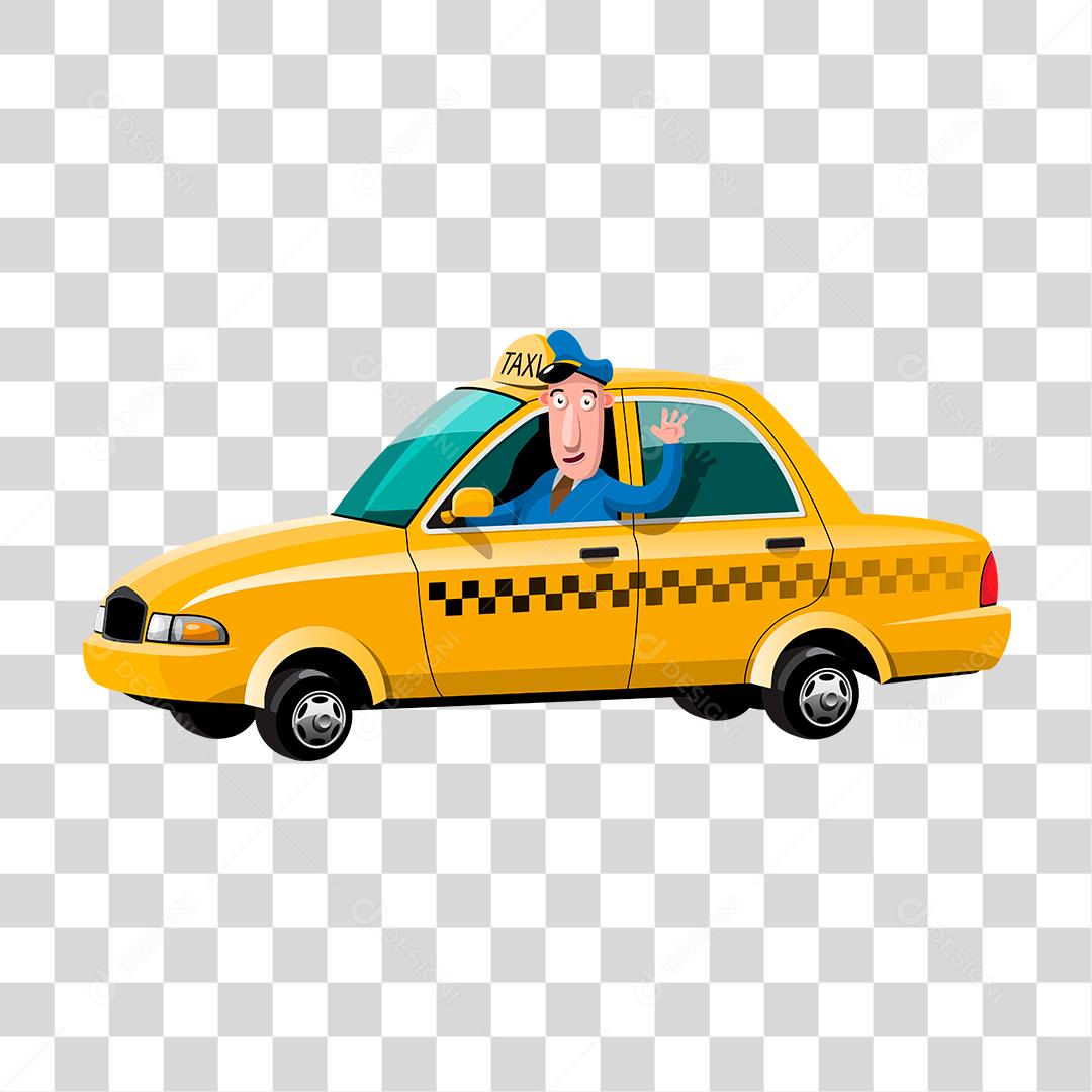 Desenho de taxista levando clientes aos locais