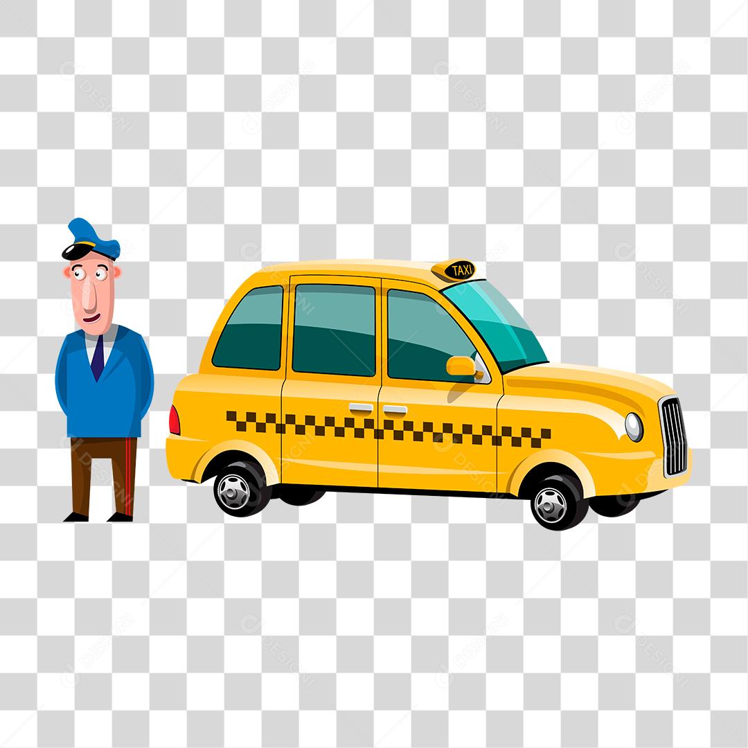 Desenho de taxista levando clientes aos locais