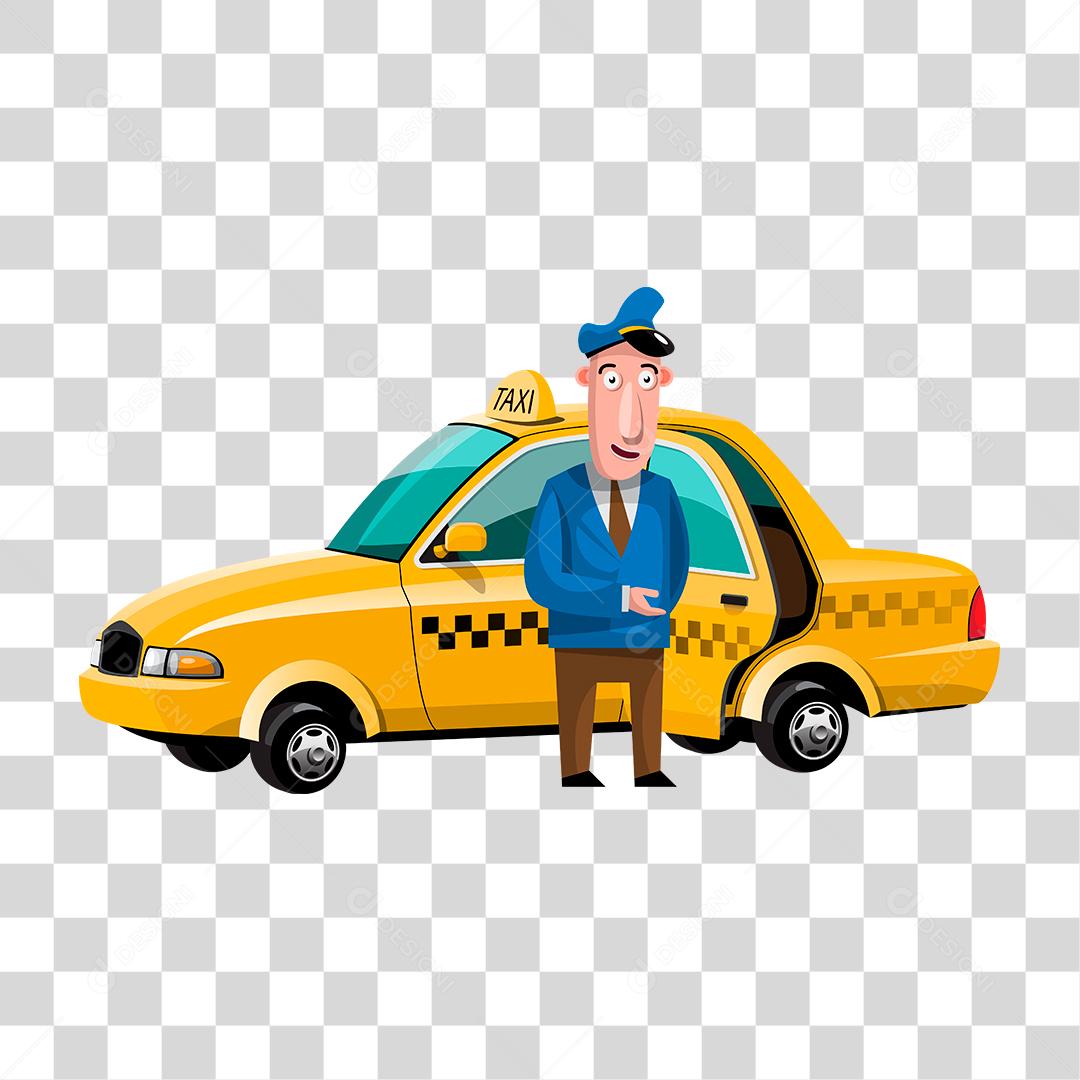 Desenho de taxista levando clientes aos locais