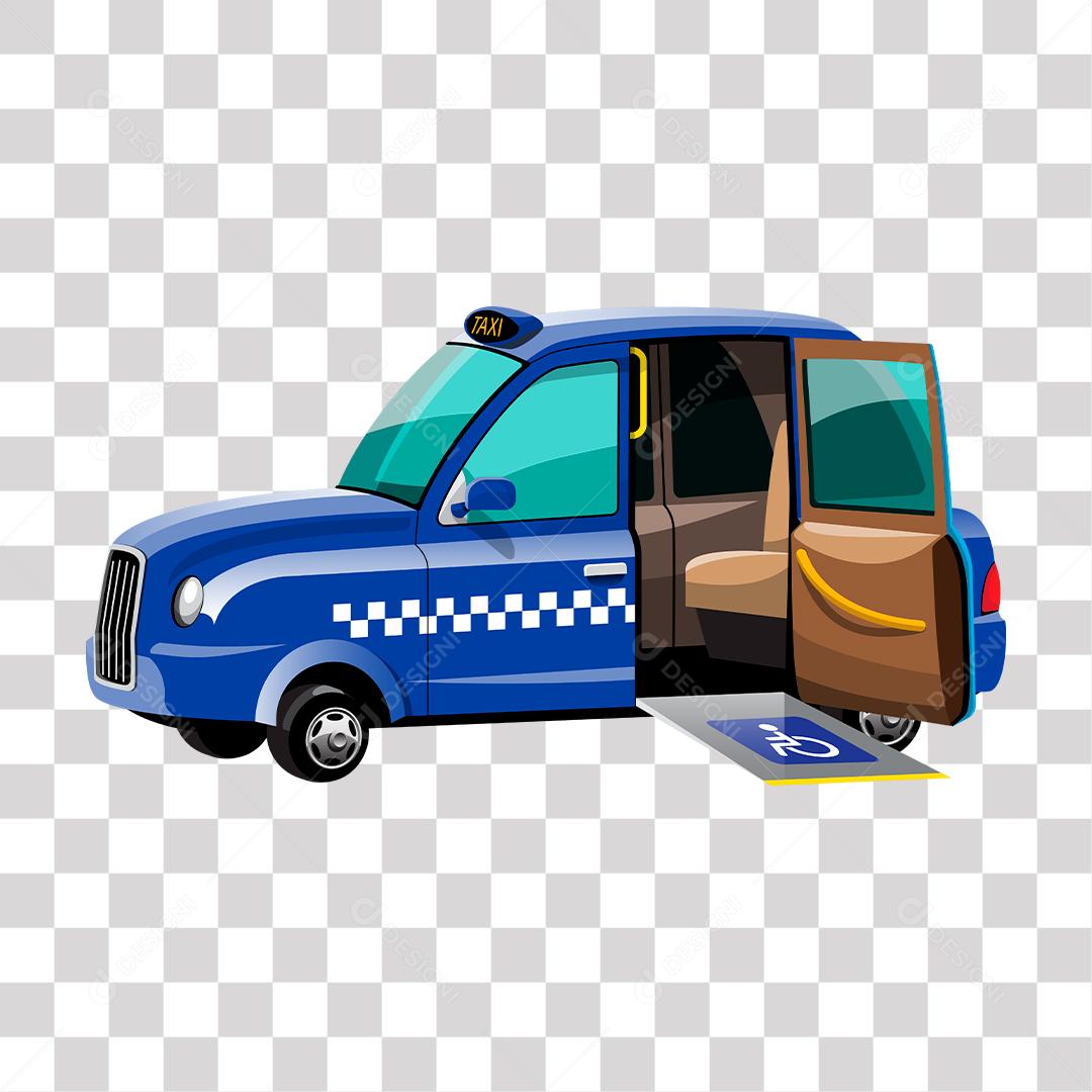 desenho de taxi azul  de faixas brancas com portas abertas para caderante