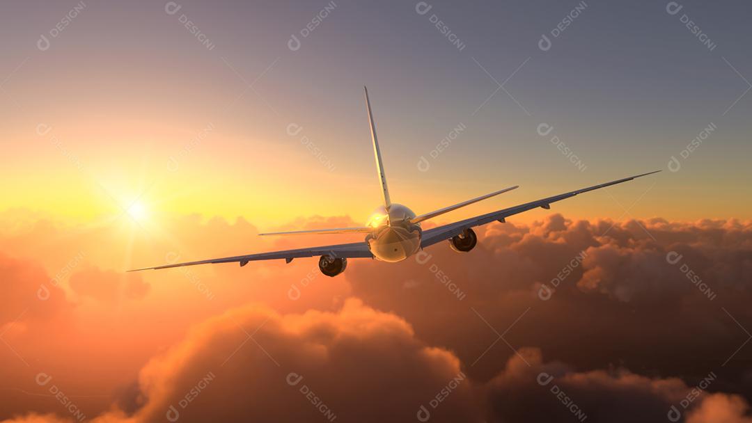 Avião comercial voando sobre o incrível pôr do sol