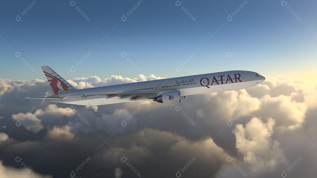 Boeing 777 Qatar Airways voando sobre as nuvens, 15 de junho de 2022, São Paulo, Brasil.