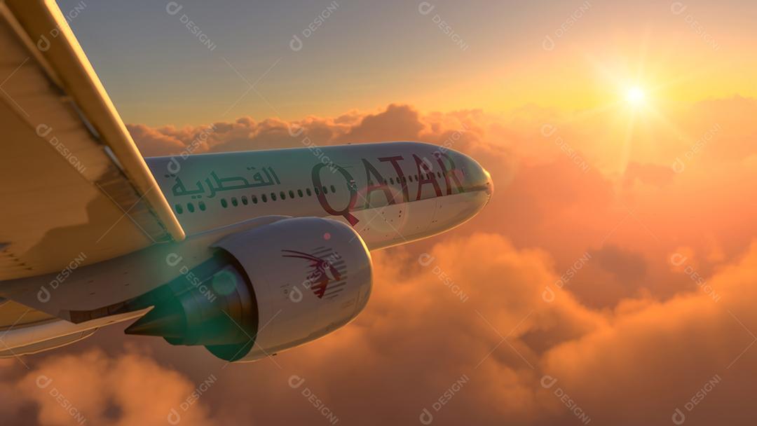 Boeing 777 Qatar Airways voando no incrível pôr do sol, 15 de junho de 2022, São Paulo, Brasil.