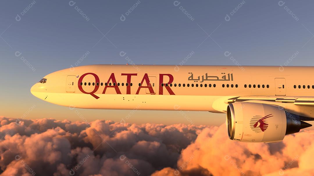 Boeing 777 Qatar Airways voando no incrível pôr do sol, 15 de junho de 2022, São Paulo, Brasil.