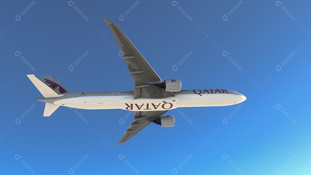 Boeing 777 Qatar Airways voando no céu azul, 15 de junho de 2022, São Paulo, Brasil.