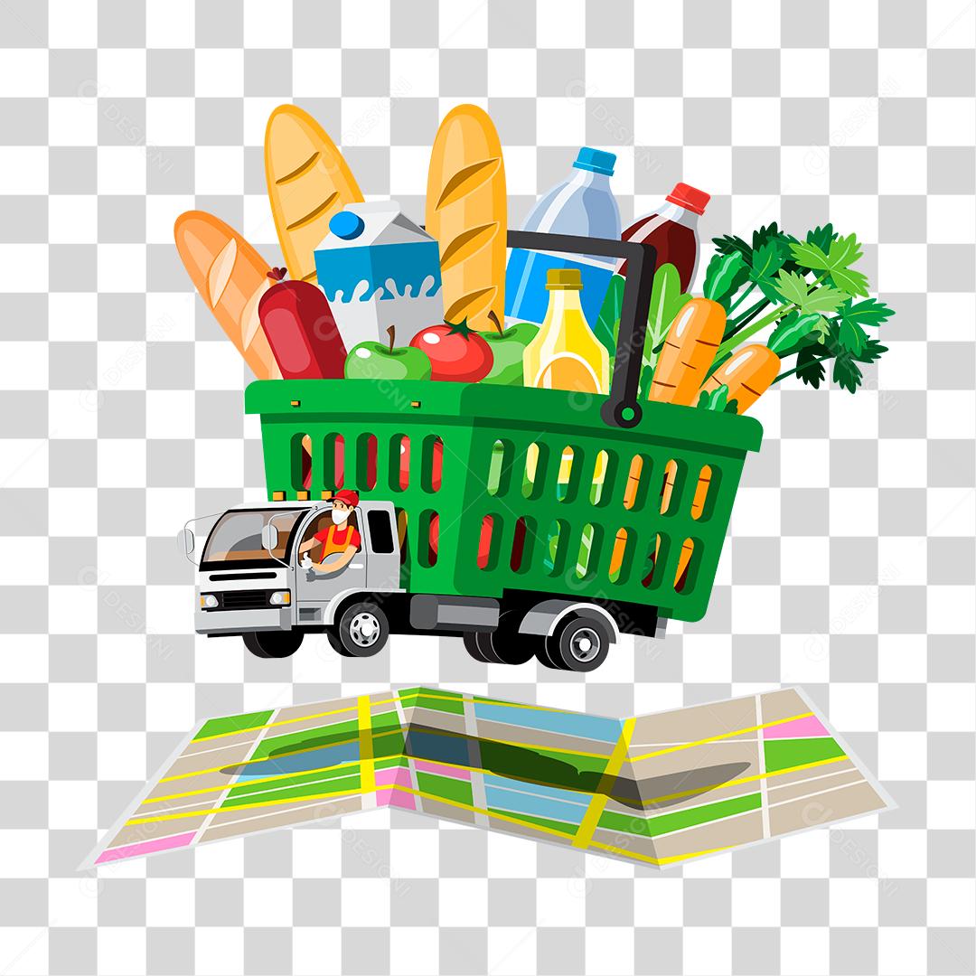 Desenho de caminhao fazendo entregas compras mercados