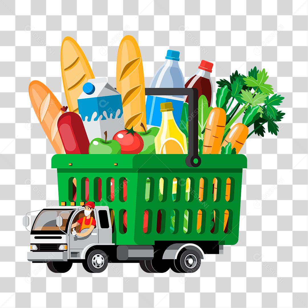 Desenho de caminhao fazendo entregas compras mercados