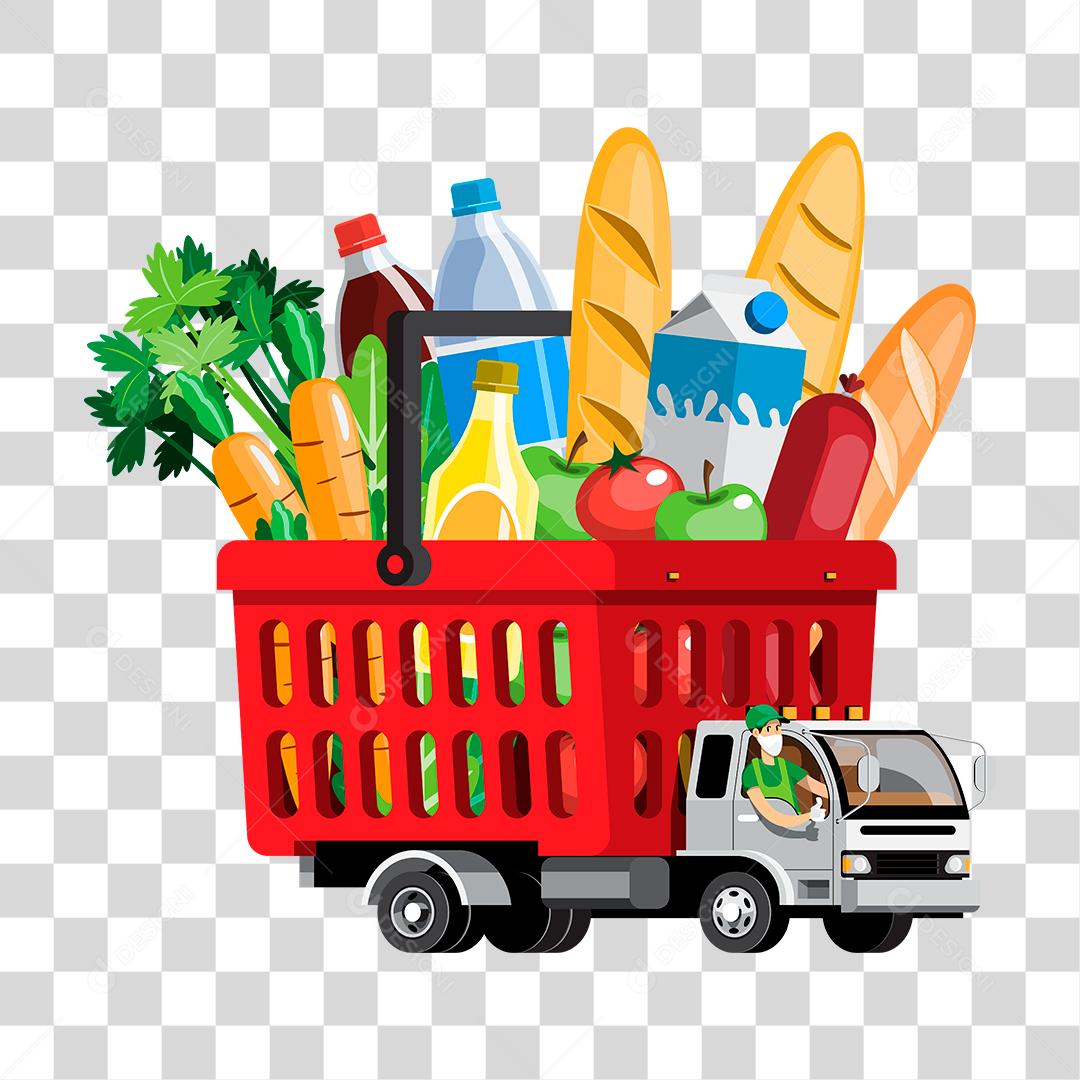 Desenho de caminhao fazendo entregas compras mercados