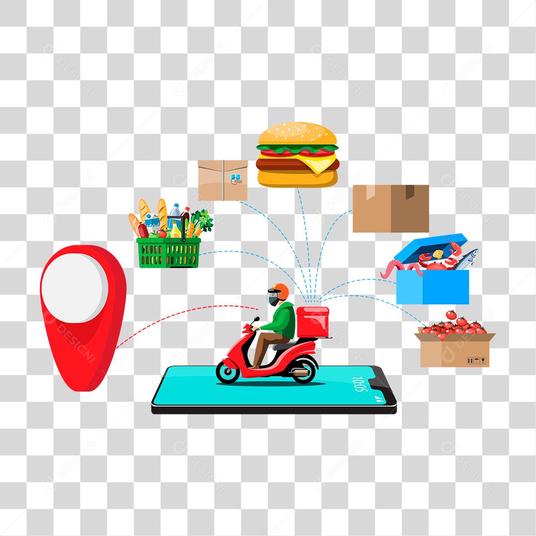 Desenho de pessoa fazendo entregas motos mercado