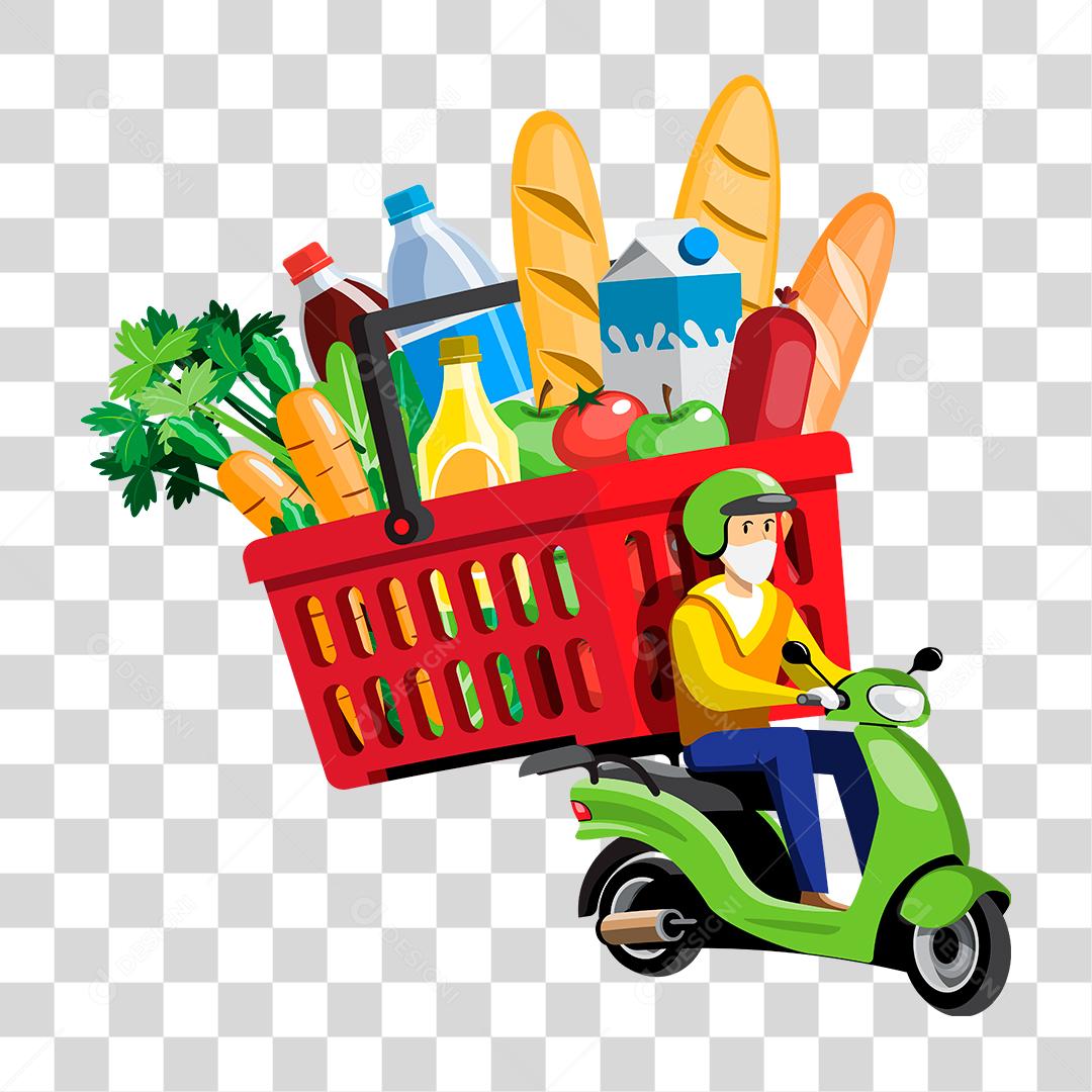 Desenho de pessoa fazendo entregas motos mercado