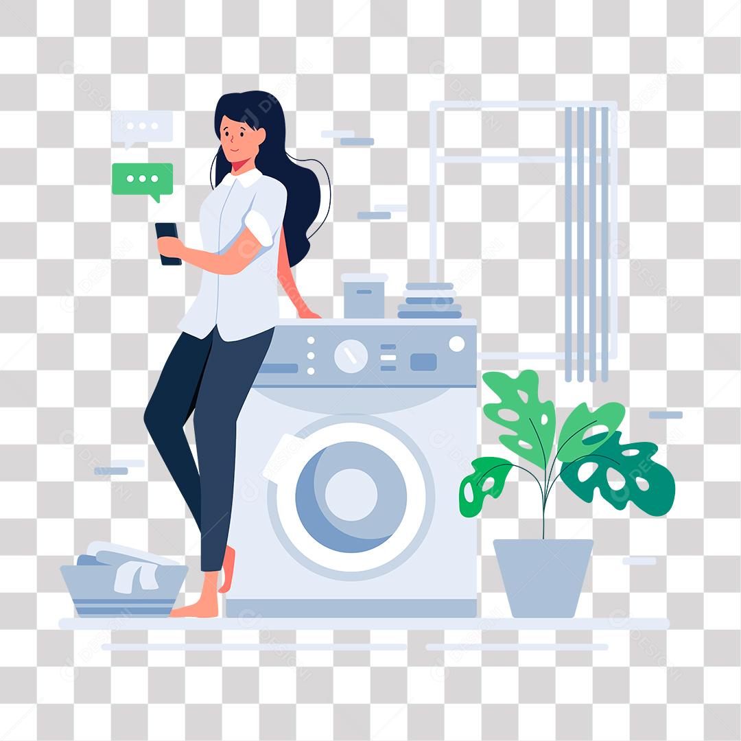 desenho de mulher encostada em maquina de lavar usando celular