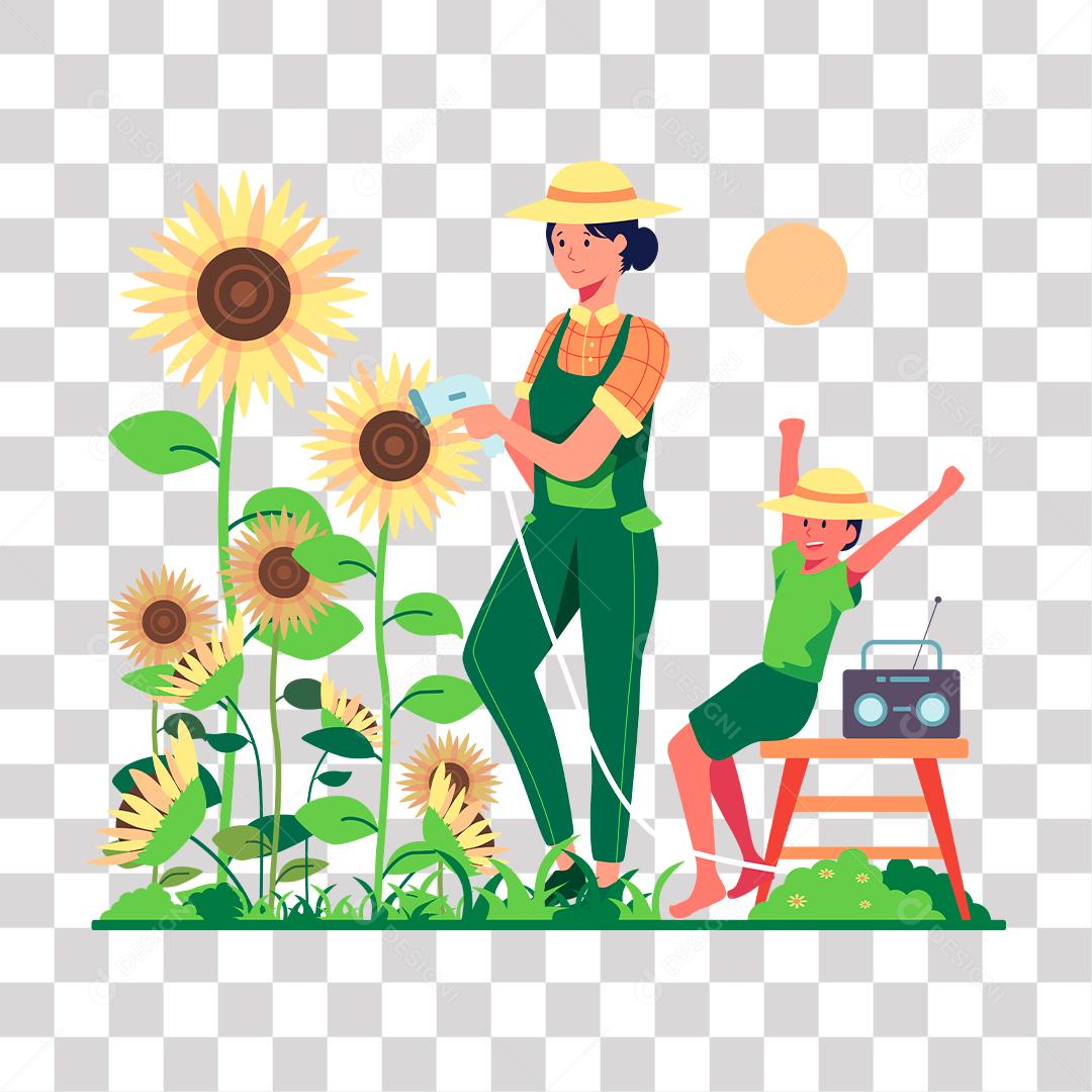 desenho de mulher e criança regrando flores