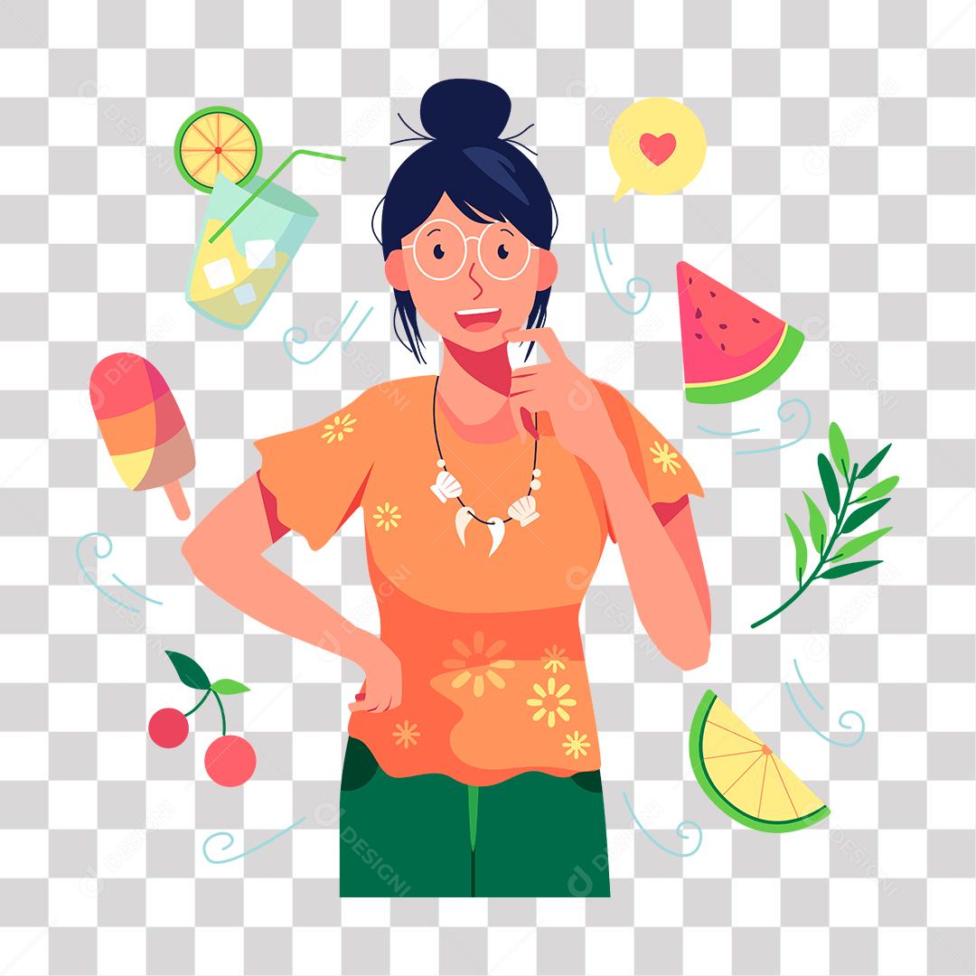 desenho de mulher imaginando frutas e bebidas