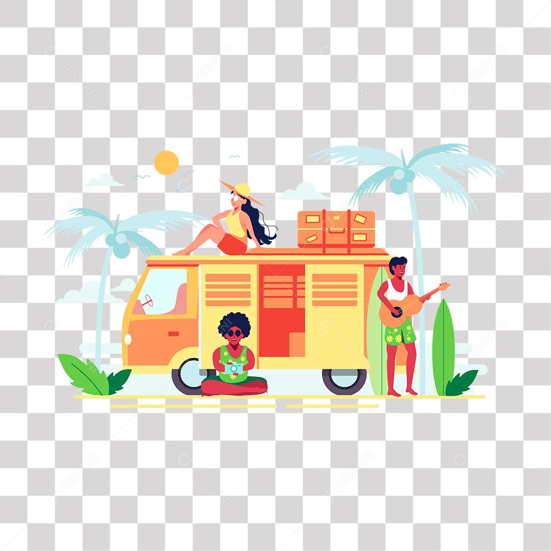 desenho de homens e mulheres curtindo viagem e ferias