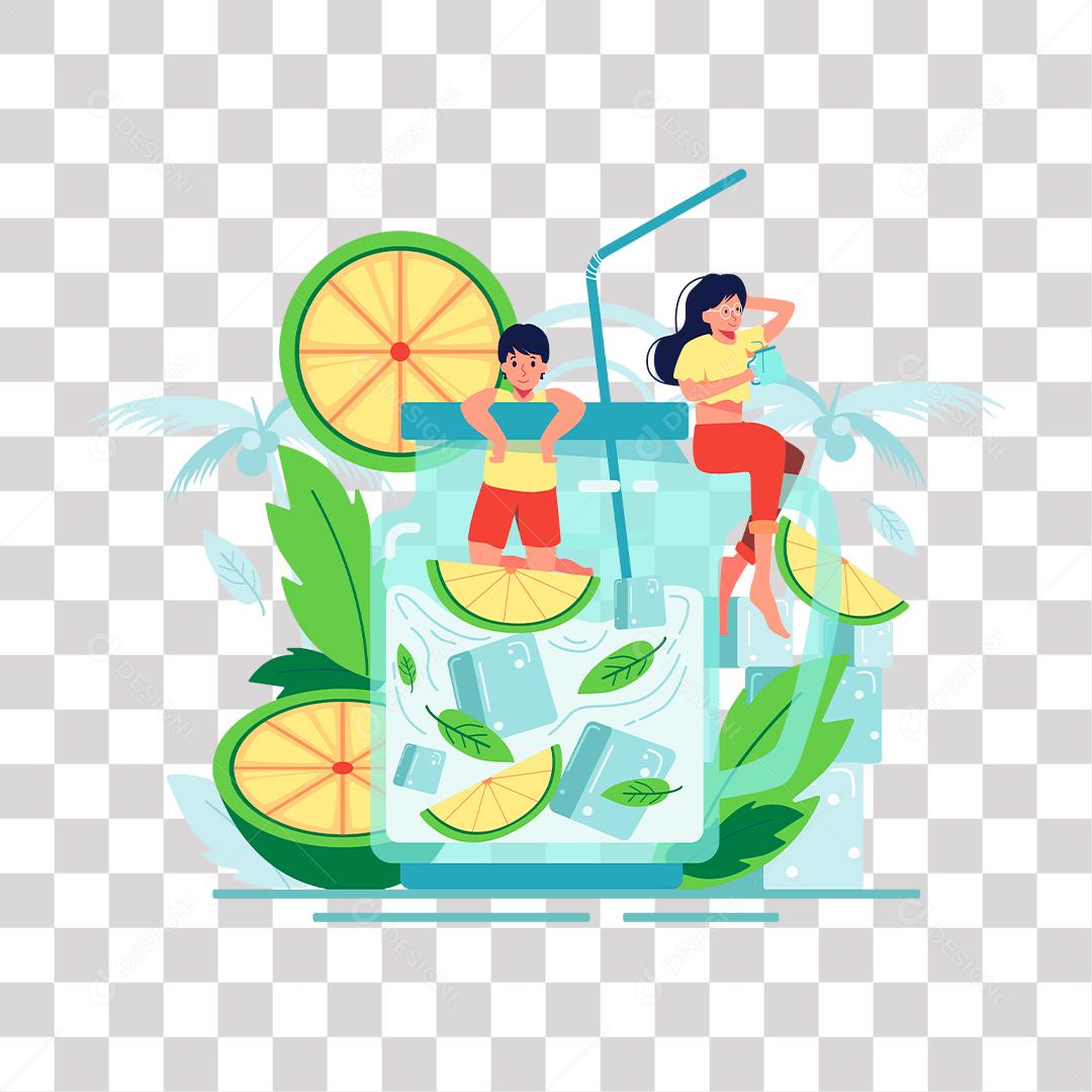 desenho de dois jovens tomando limonada e se refrescando