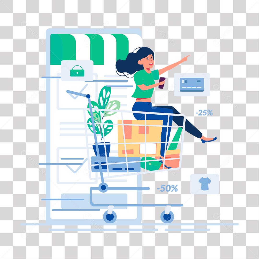 desenho de mulher fazendo compras pelo o celular online