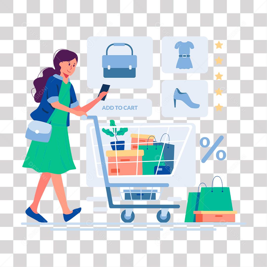 desenho de mulher com acarrinho de compras usando celular