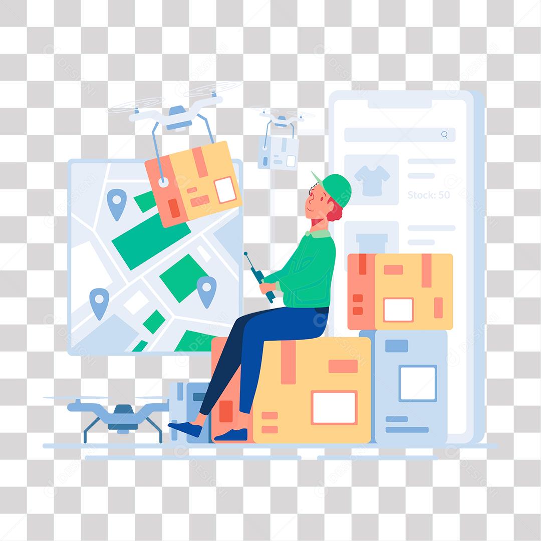 desenho de mulher fazendo entrega de encomendas via  drone