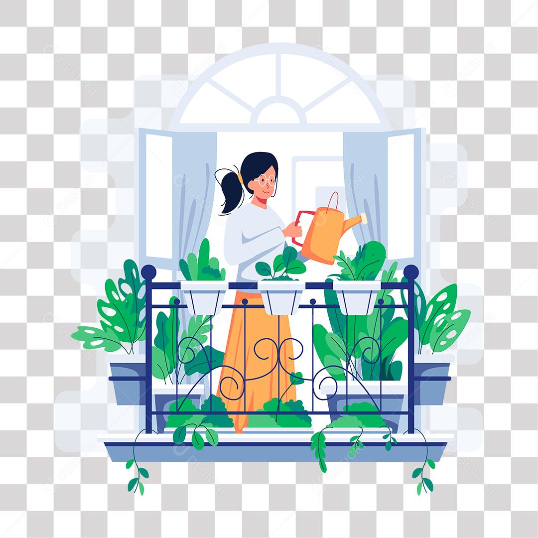 desenho de mulher regrando flores da varanda de casa