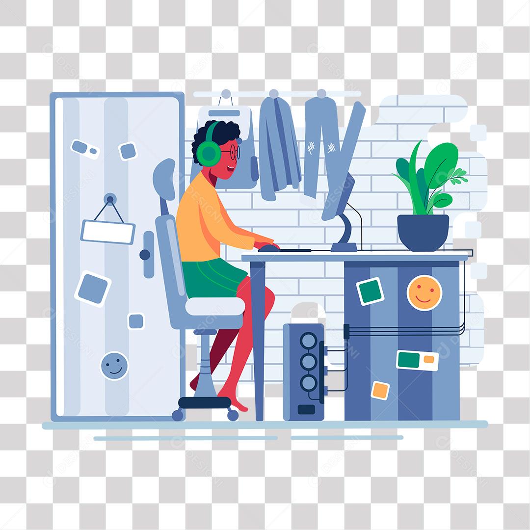 desenho de homem trabalhando com computador em escritorio