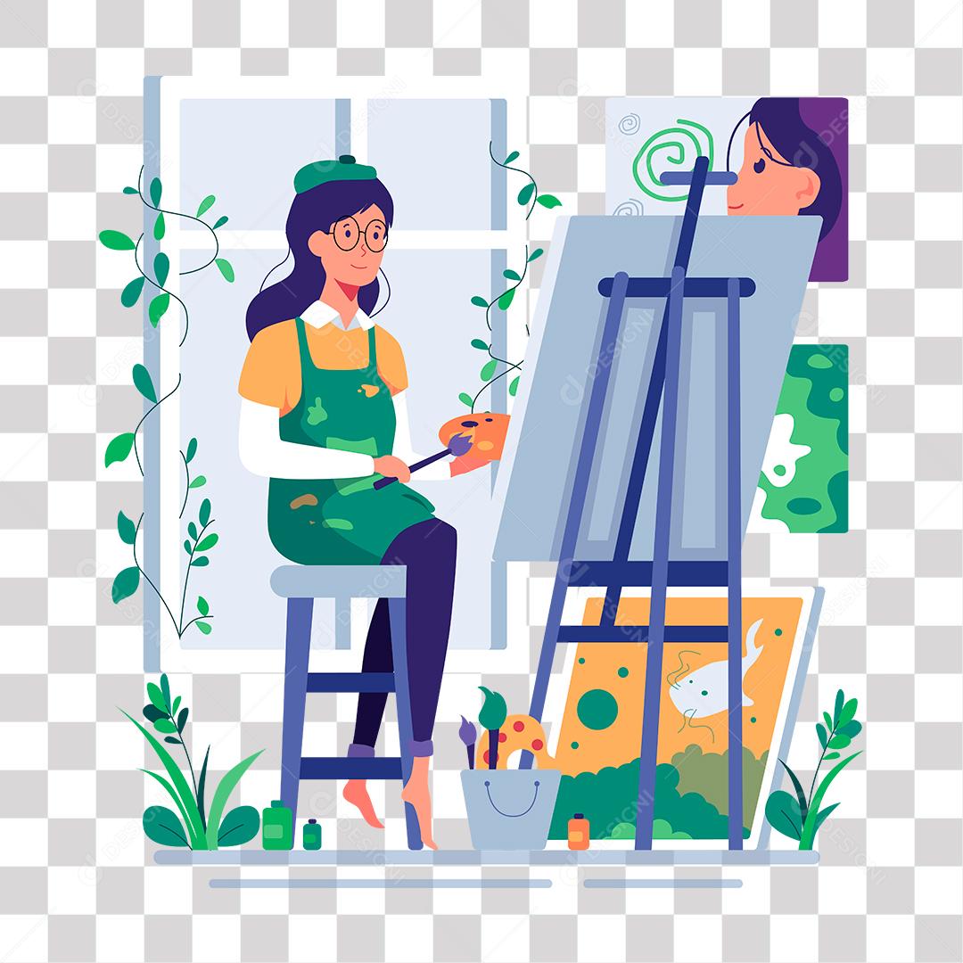 desenho de mulher artista fazendo desenho em quadro