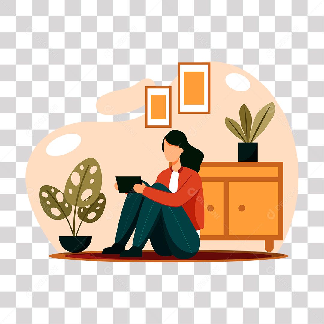 desenho de mulher sentada usando tablet