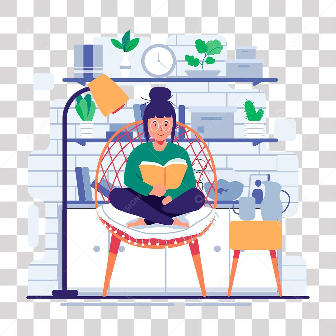 desenho de mulher lendo livro sentada em caidera em aria de lazer