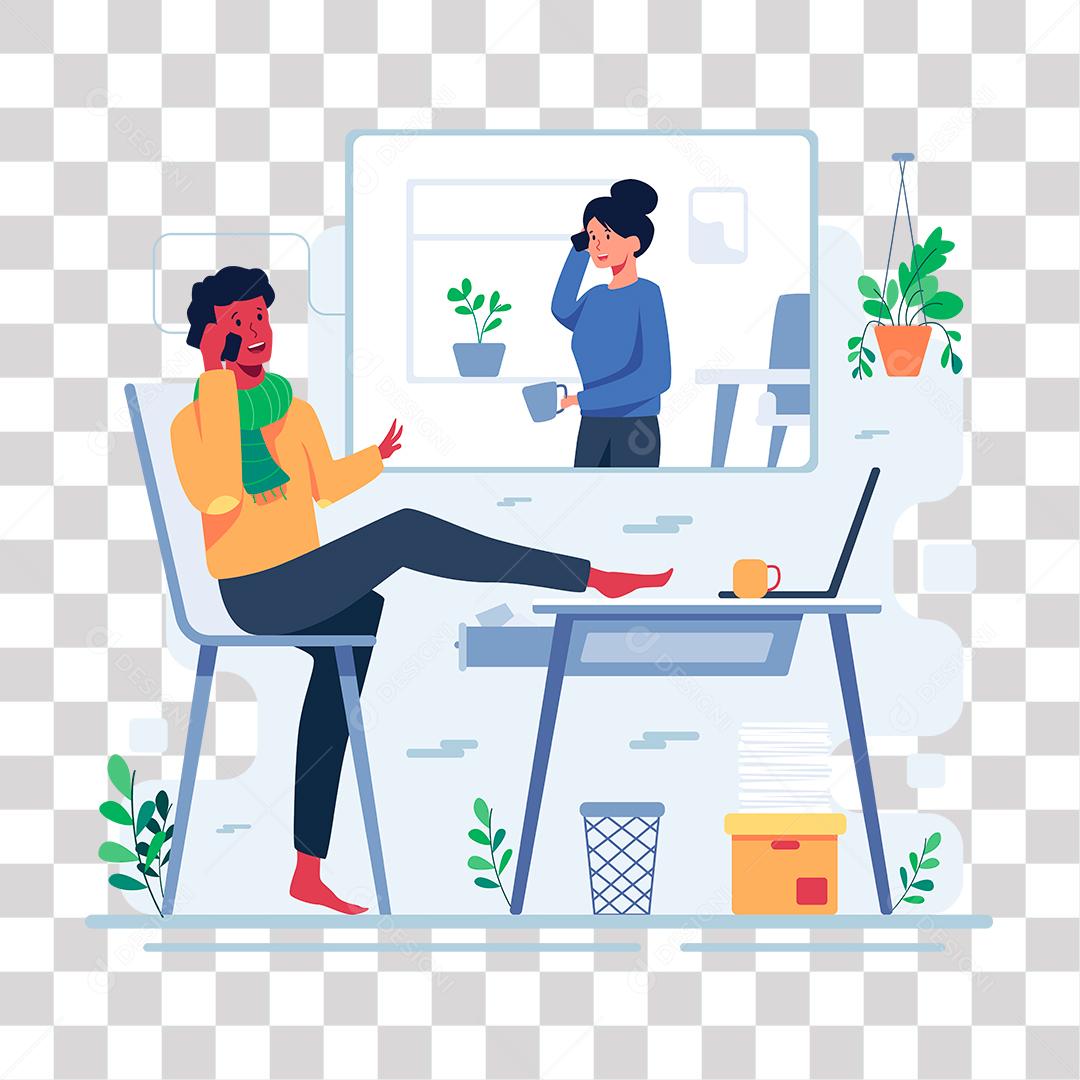 desenho de homem falando com mulher por chamada de celular