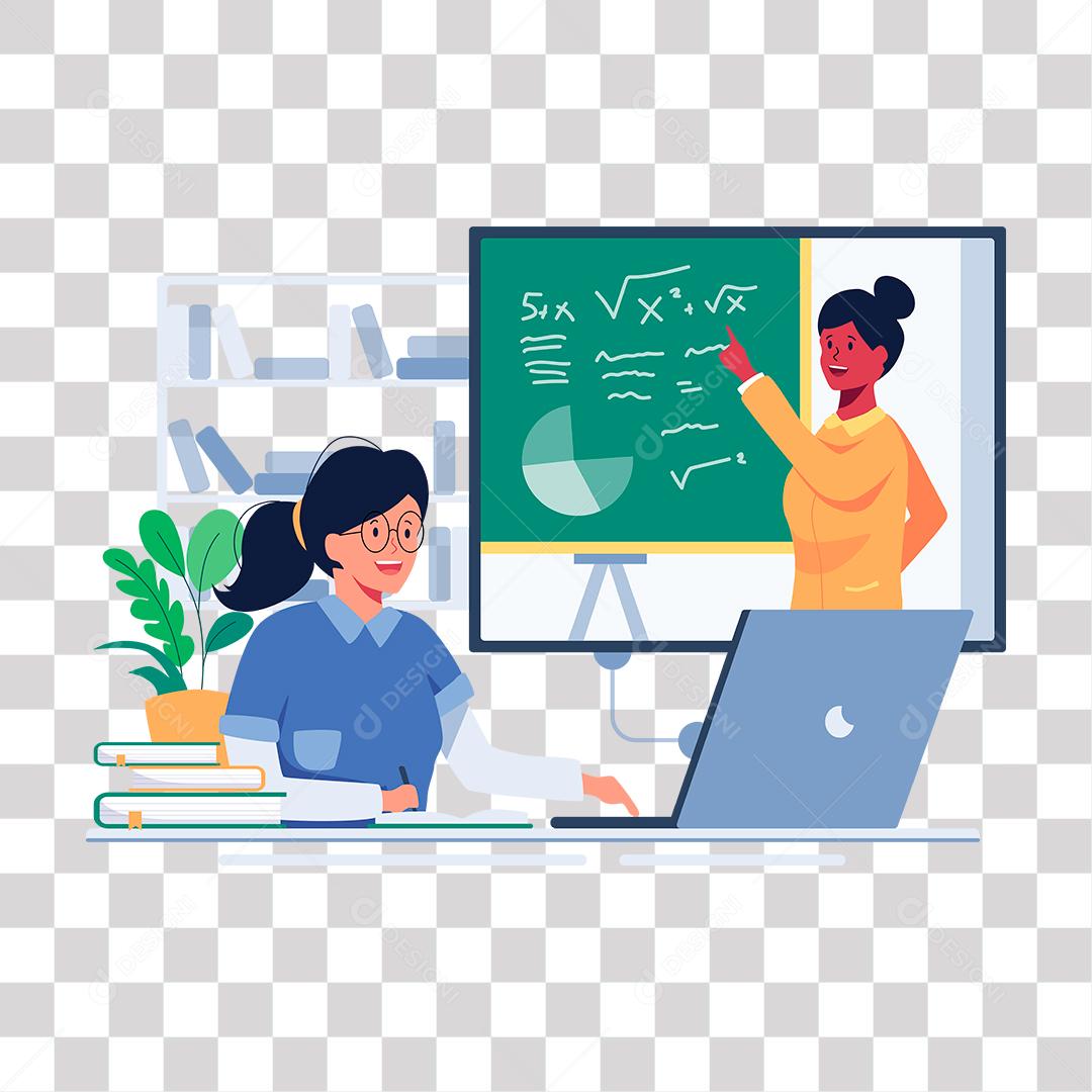 desenho de garota estudando online por notbook