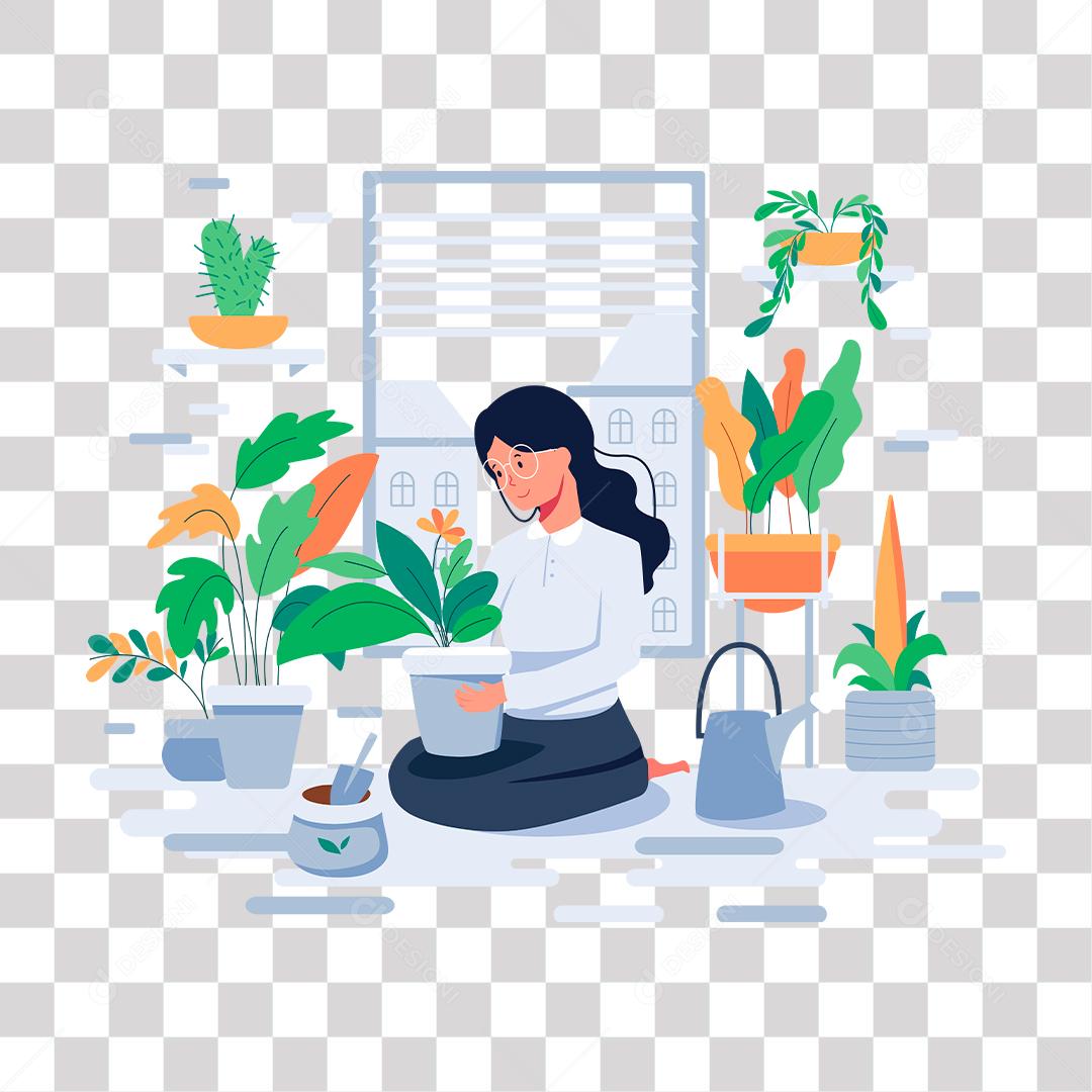 desenho de mulher plantando muda de plantas